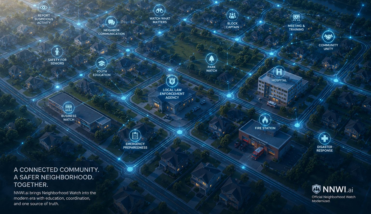 Aerial map of a neighborhood at dusk with connected Neighborhood Watch program elements — block captains, meetings and training, business watch, park watch, local law enforcement, fire station, and emergency preparedness — linked as one network