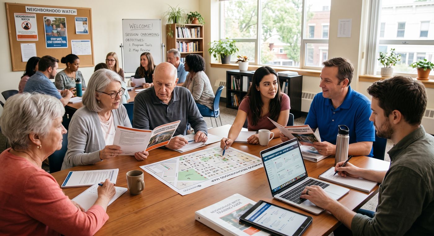 Residents and seniors gathered around a neighborhood map with Neighborhood Watch training guides during an onboarding session