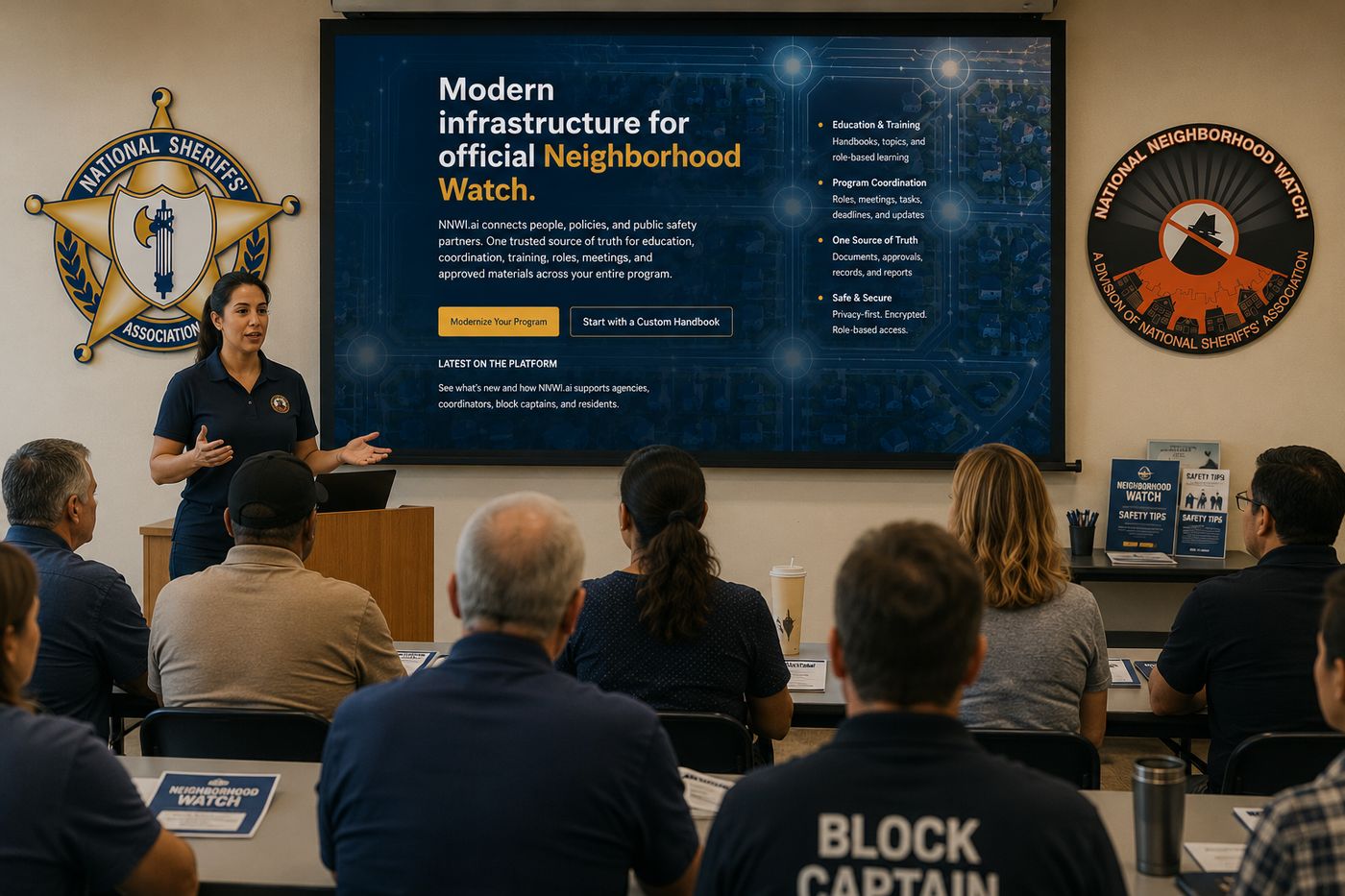 An NNWI.ai program presentation to agency staff and community members, with National Sheriffs' Association and National Neighborhood Watch seals on the wall